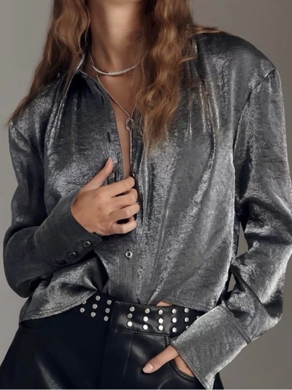 #897 Anthropologie PILCRO Liquid Shine Metallic Silver Button-Down Shirt